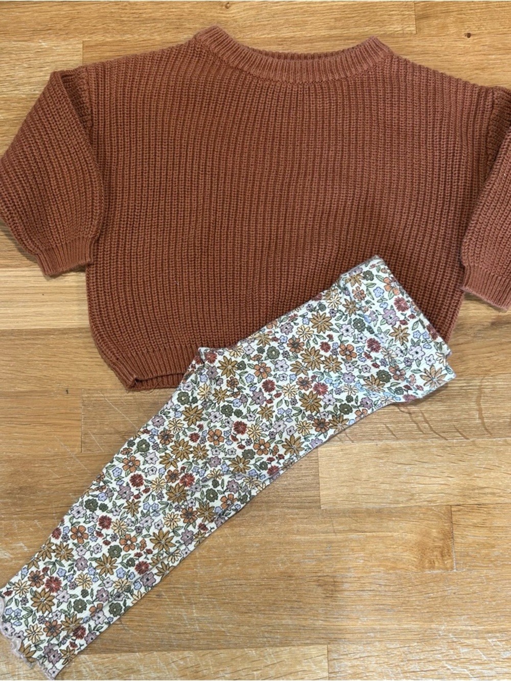 Kids Floral Print Leggings in Cream & Rust with Cozy Rust Knit Sweater